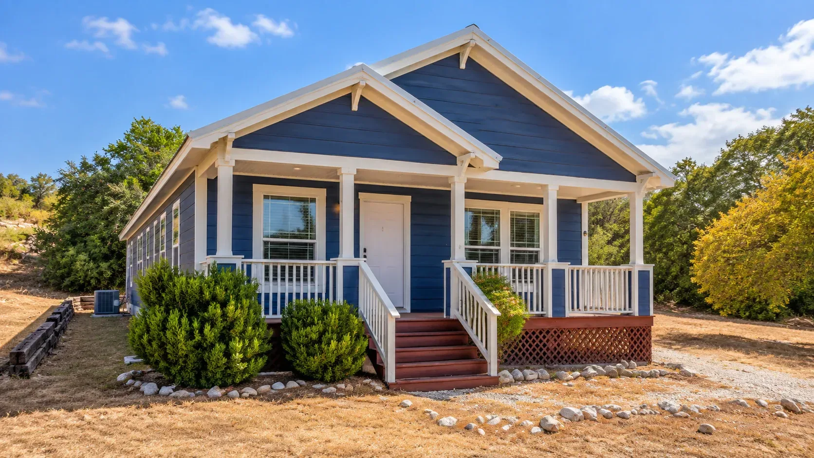 Residential exterior of a blue house with a covered porch