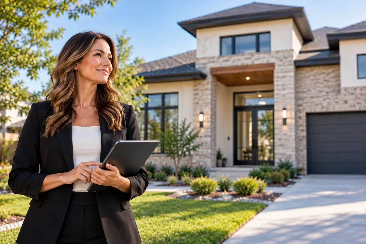 Real estate agent with a tablet standing in front of a stone and stucco home